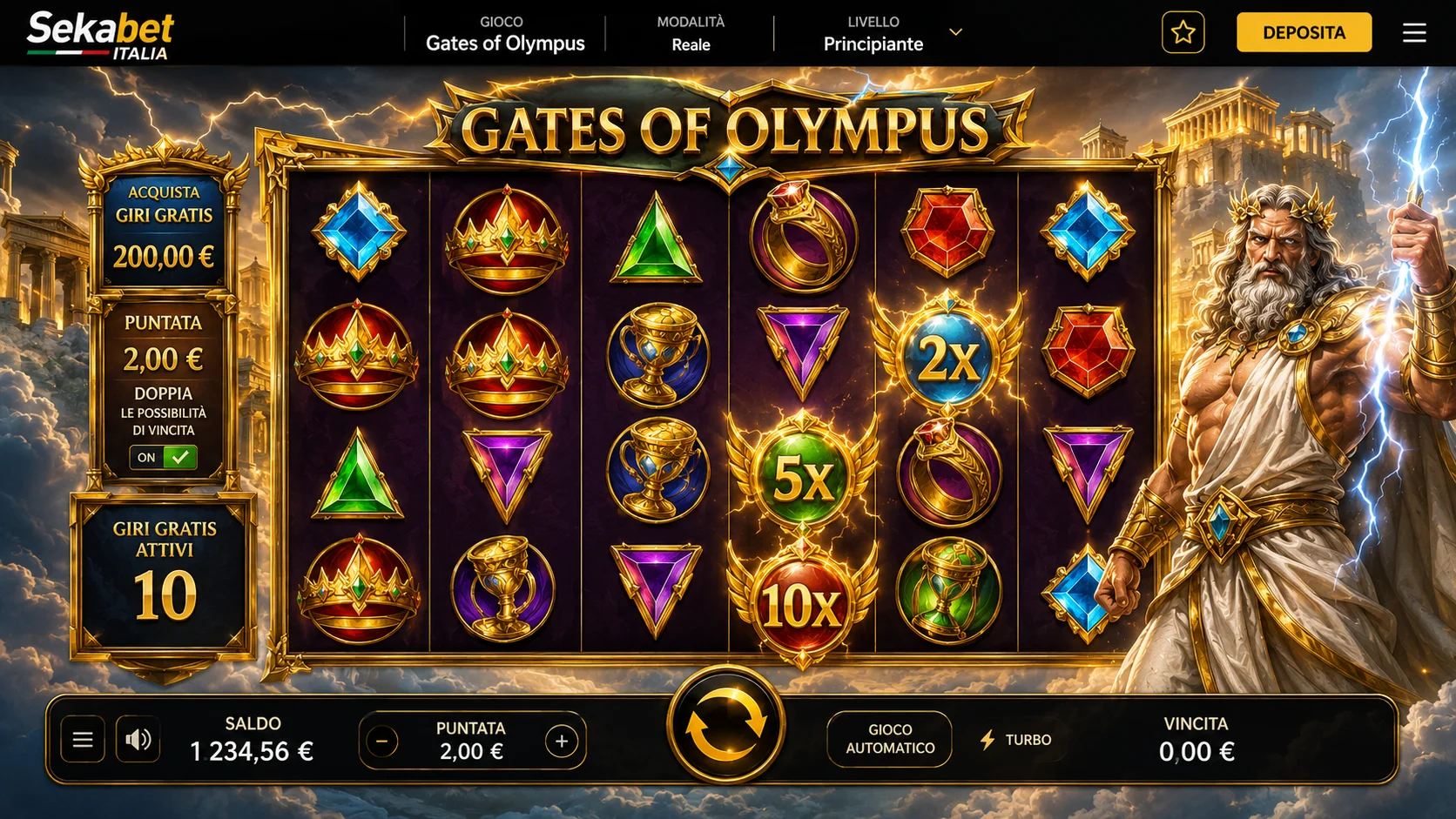 Gates of Olympus di Pragmatic — slot greca con simboli a cascata e Zeus a moltiplicatore